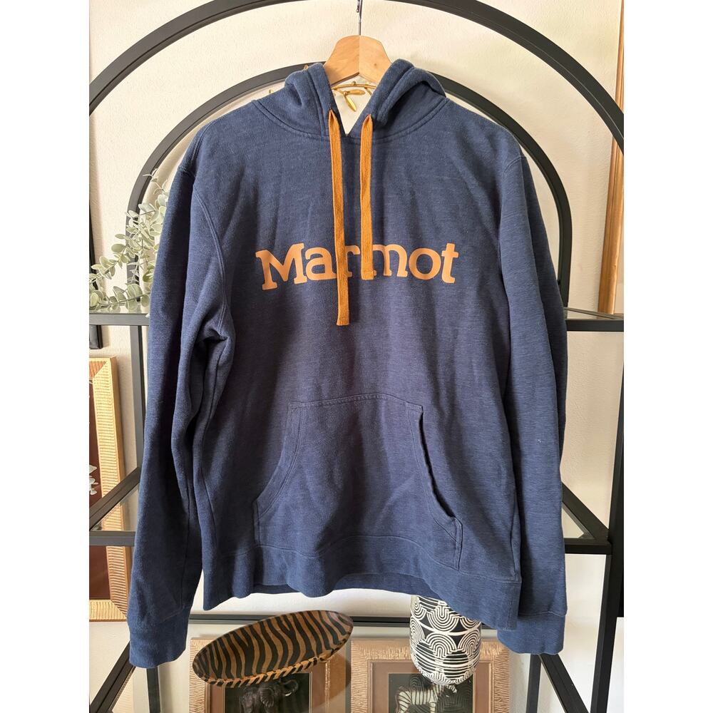 Marmot Logo Hoodie Mens Medium Blue Pullover Fleece Kangaroo Pocket